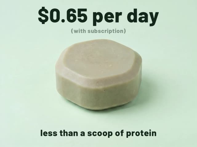 A single Split bar, three-quarter studio view — $0.65 per day with subscription, less than a scoop of protein